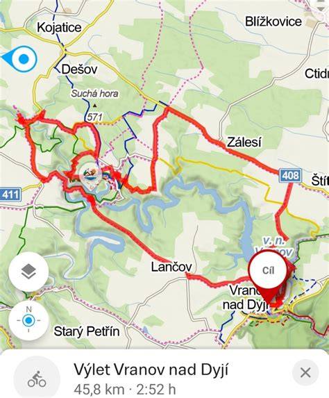 Mapa motovýletu kolem Vranovské přehrady