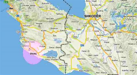 Mapa Ulcinj Skadar hranice Albánie