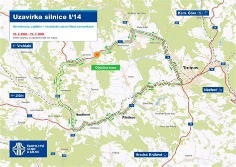Mapa uzavírky silnice I/14 Dobruška