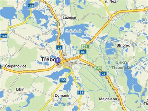 Mapa centra Třeboně s půjčovnou kol